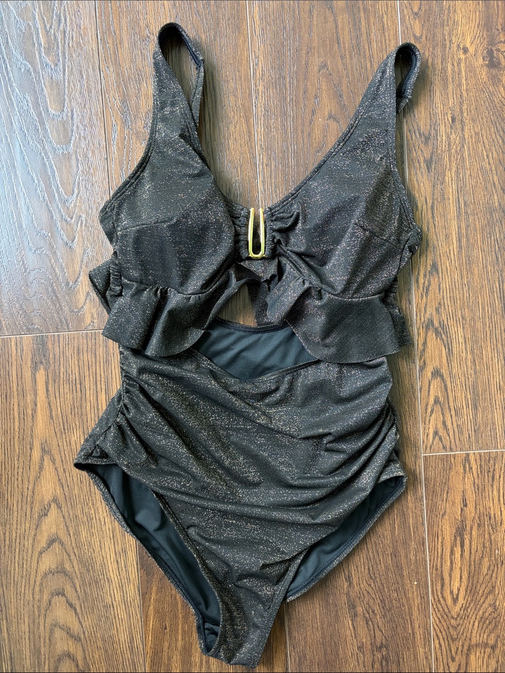 EUC Sparkly Black One-Piece Swimsuit with Ruffle Detail